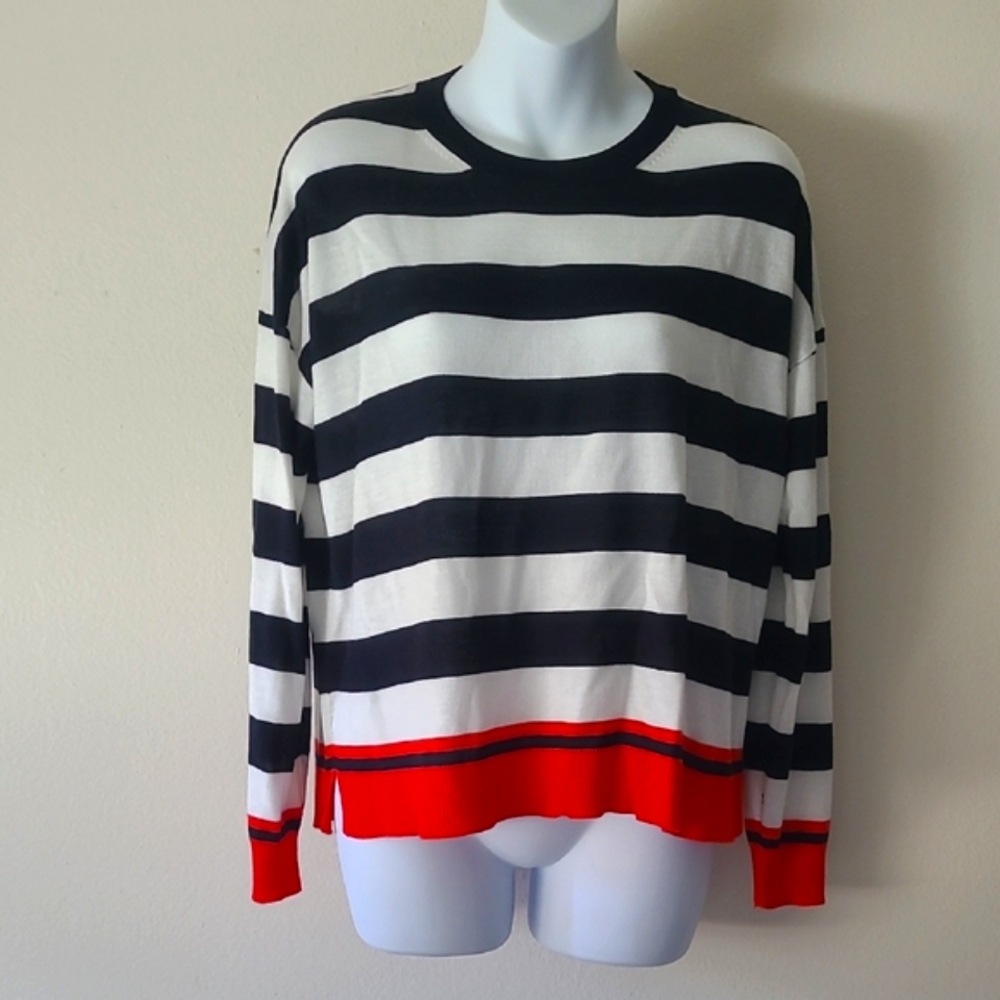 ZARA Striped Navy and White Knit Sweater with Red Accents - Picture 2 of 9